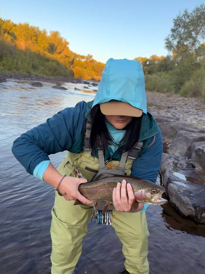Angler holding a rainbow trout at golden hour, autumn cottonwoods behind