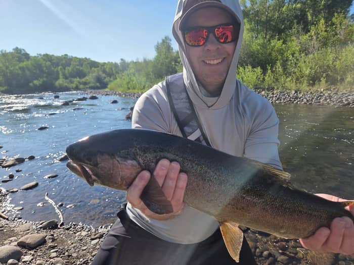 Angler holding a trout in morning light