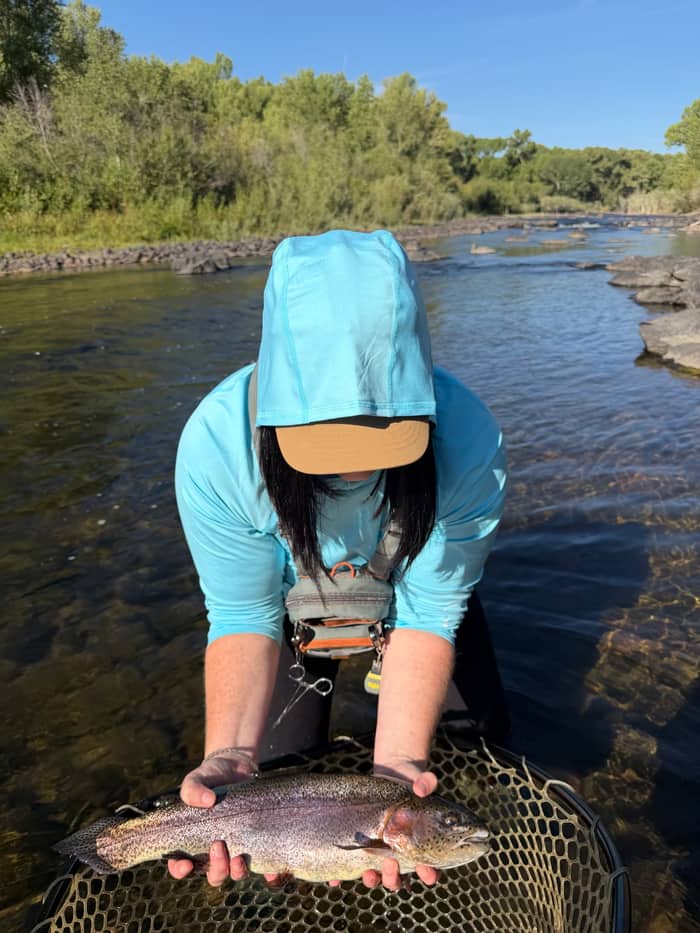 Angler lowering a rainbow trout back to the net
