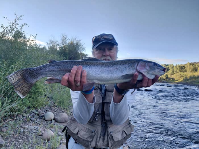 Angler holding a trout in evening light